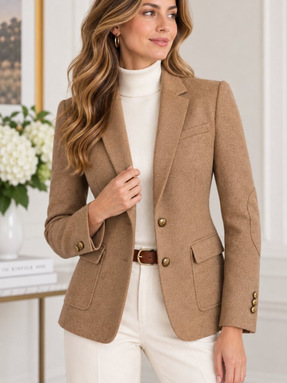 Banana Republic Camel Wool Blazer Elbow Patches Crest Buttons Size 4